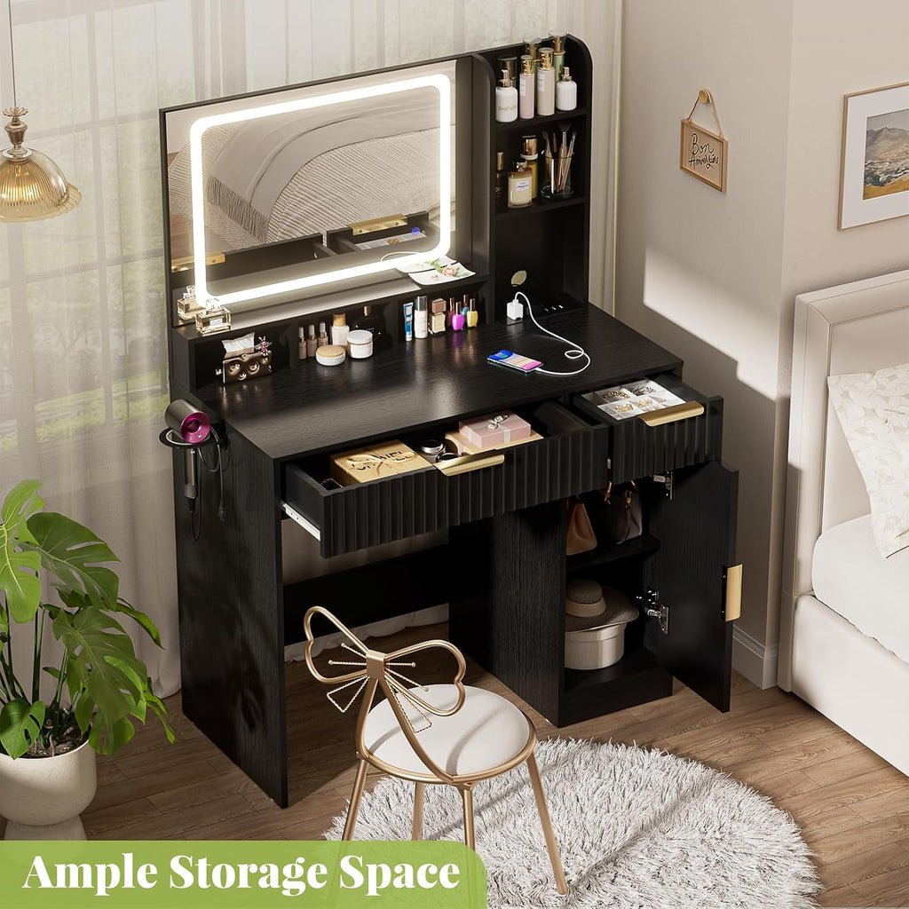 Cyclysio Fluted Vanity Desk with Mirror and Lights, Wood Makeup Vanity Desk with Power Strips, Modern Dressing Table with Drawers & Cabinet for Bedroom, Black