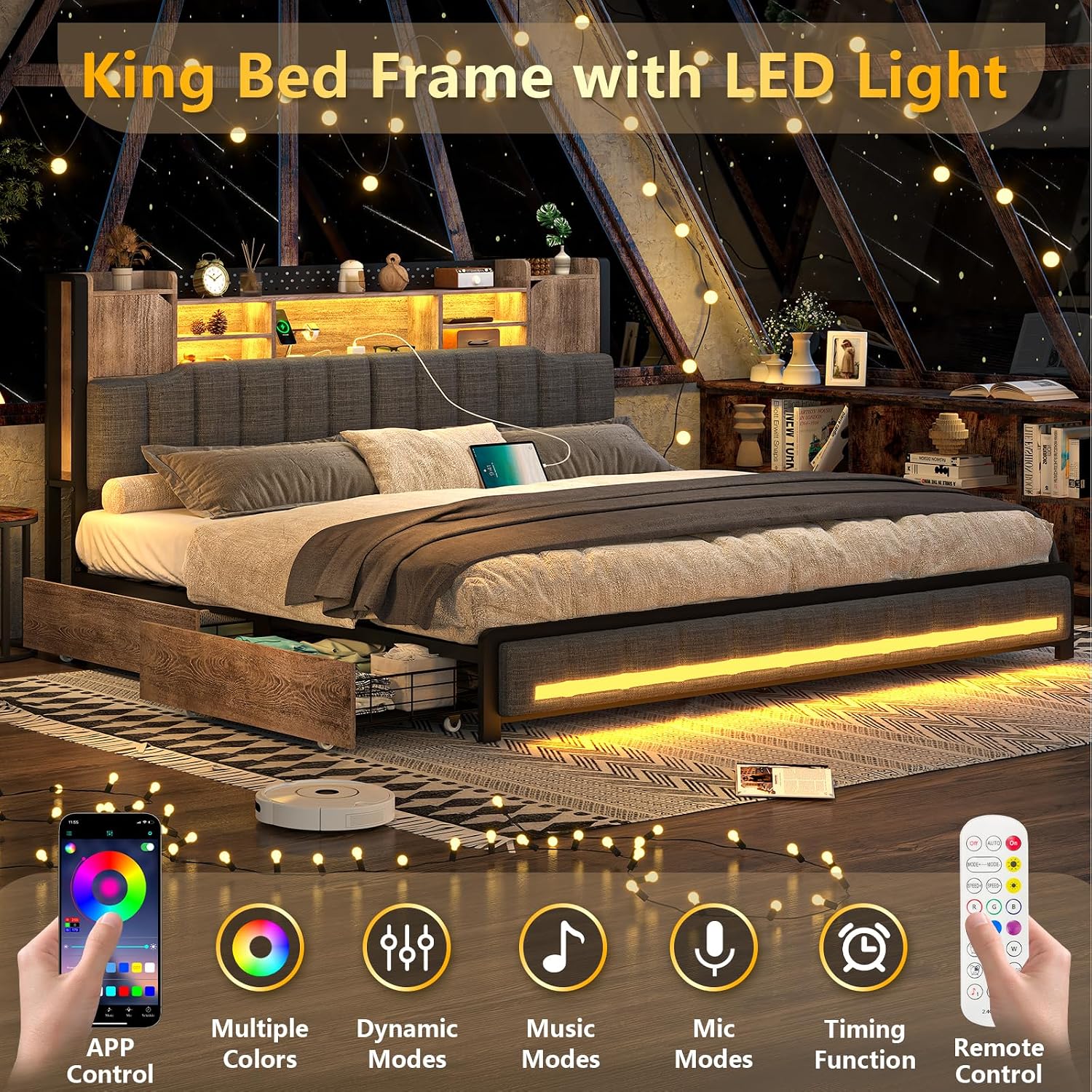 CSZZD King Size Bed Frame and Bookcase Headboard & Storage Drawers, LED Upholstered Platform Bed Frame King Size with USB Charging Station, No Box Spring Needed, Easy Assembly, Oak Gray