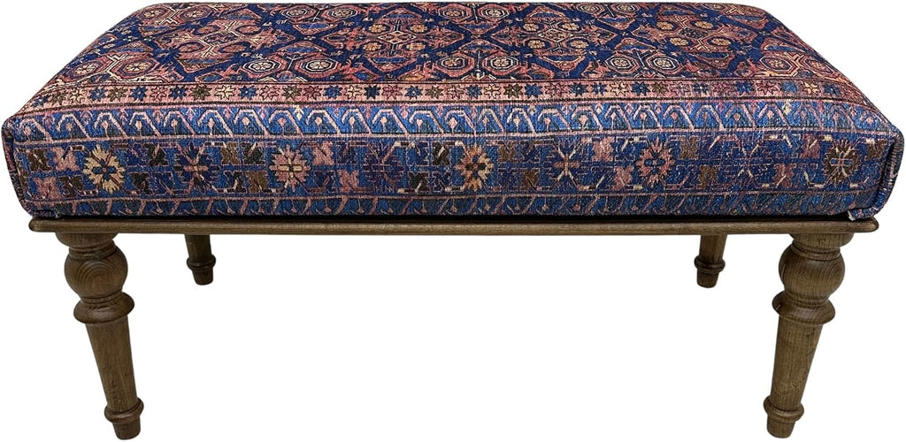Boho Geometric Rug Upholstered Ottoman Bench, Piano Bench, Blue Decorative Entryway Bench, Bedroom Ottoman, Kitchen Dining Bench, Footstool Ottoman (18x18X36, Blue-Pink)