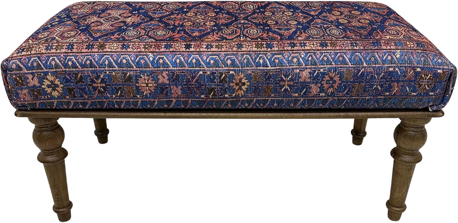 Boho Geometric Rug Upholstered Ottoman Bench, Piano Bench, Blue Decorative Entryway Bench, Bedroom Ottoman, Kitchen Dining Bench, Footstool Ottoman (18x18X36, Blue-Pink)