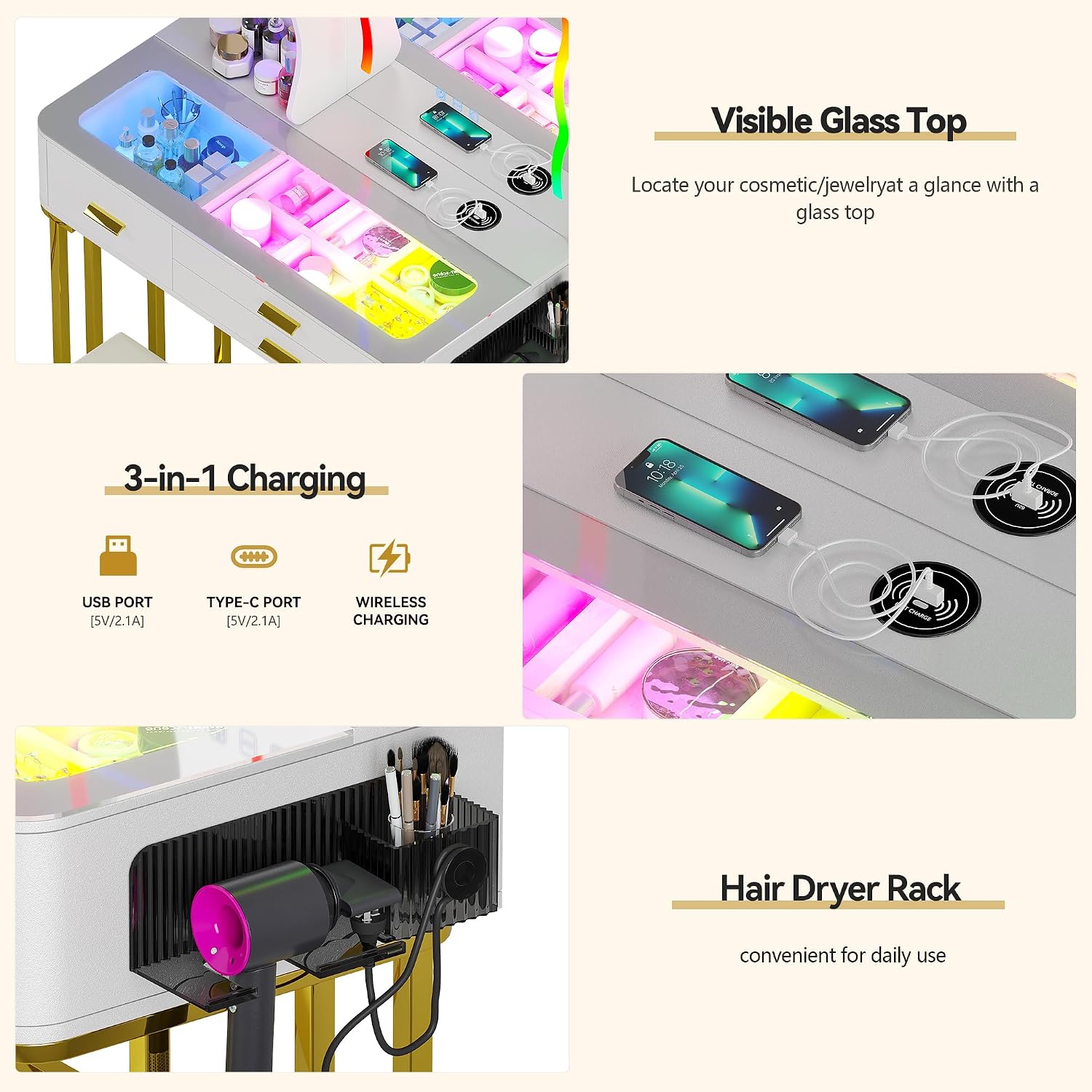 Lvifur RGB Small Vanity Desk with 7 Dynamic & 7 Static Lights, Glass Top Vanity Table with Wireless Charging Station, Make up Vanity Set with Mirror and Cushioned Stool, Gift for Little Girls