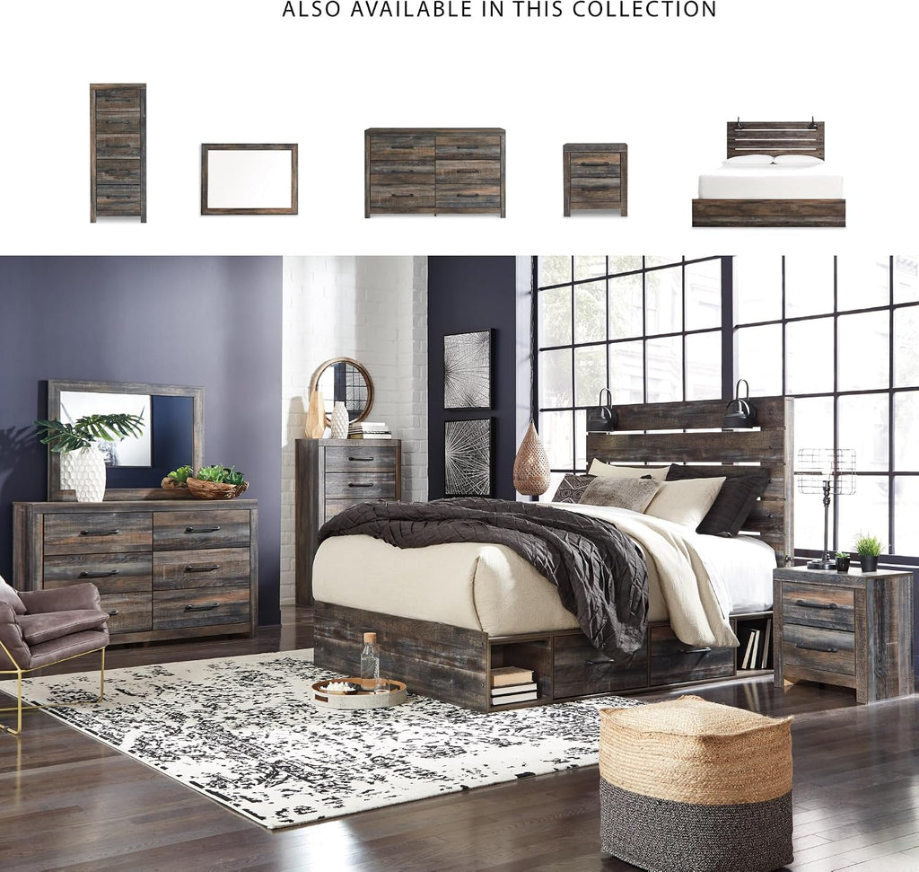 Signature Design by Ashley Drystan Rustic King Panel Platform Bed with 4 Storage Drawers, Open Cubbies, Sconce LED Lights and USB Ports, Foundation or Box Spring Not Needed, Dark Brown & Gray