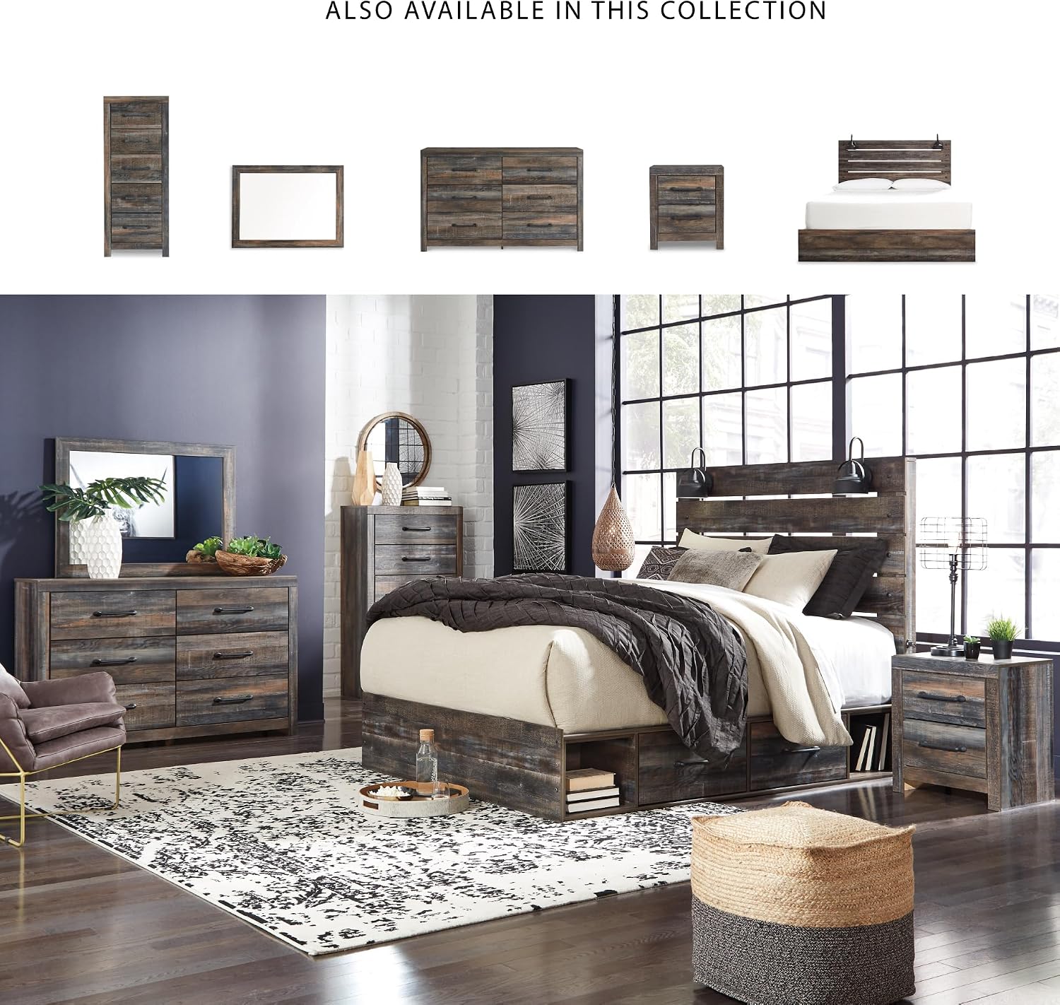 Signature Design by Ashley Drystan Rustic King Panel Platform Bed with 4 Storage Drawers, Open Cubbies, Sconce LED Lights and USB Ports, Foundation or Box Spring Not Needed, Dark Brown & Gray