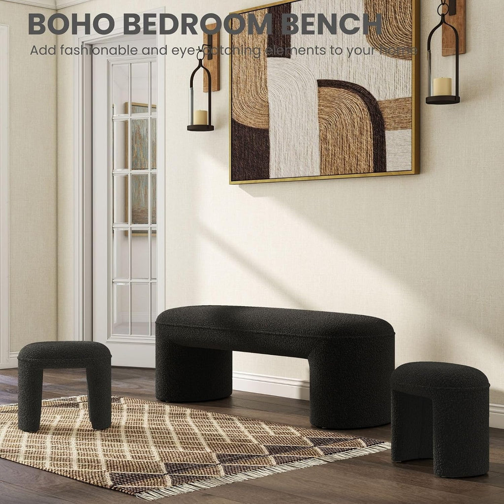 3-Piece Nesting Ottoman Bench Set，53' Long Upholstered End of Bed Bench with 2 15' Foot Stools Sherpa Modern Arched Bench Comfy Entry Bench Vanity Stools for Living Room Bedroom, Black