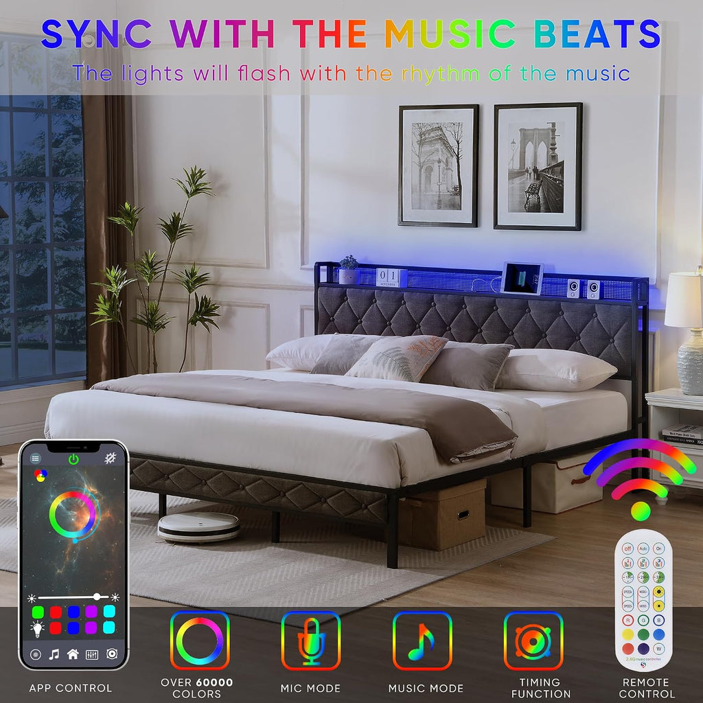 King Size Bed Frame with Storage Headboard, LED Lights and Charging Station, Upholstered Platform Bed with Heavy Metal Slats, Noise Free, No Box Spring Needed, Dark Gray