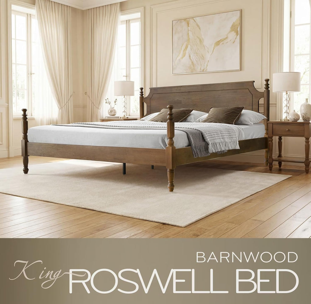 Solid Wood King Size Bed Frame with Headboard & Footboard, Platform Bed, Central Metal Legs, 12 Sturdy Slats, Under Bed Storage, Easy Assembly, Noise-Free & Anti-Slip, Barnwood Finish, ROK-30