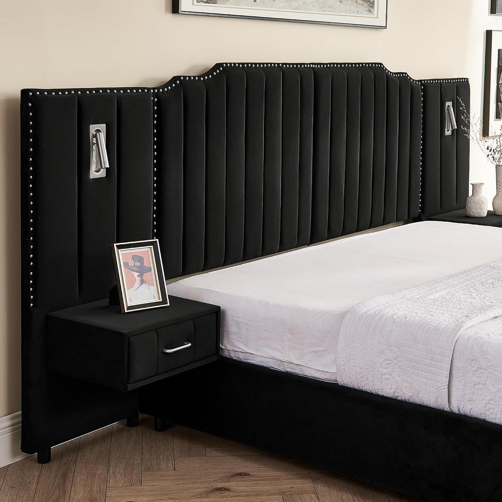 Velvet Upholstered King Size Platform Bed Frame with 48' Tall Headboard, Built-in Nightstands & Storage Drawers, No Box Spring Needed, Modern Black Bedroom Furniture Set (Black, King)