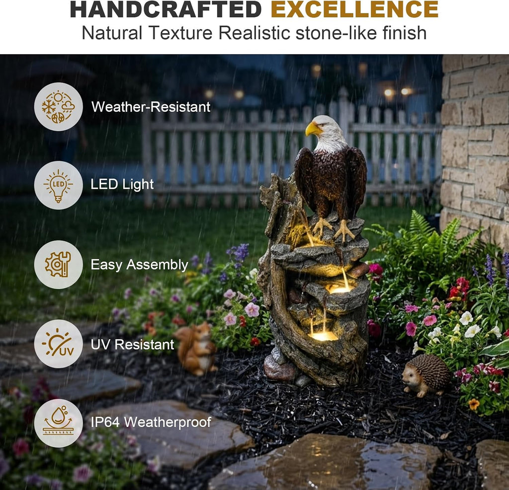 Bald Eagle Outdoor Fountain, 40.5' H Large Cascading Waterfall Garden Fountain with 3000K Warm LED Lights, Realistic Tree Trunk & Rock Water Feature for Garden, Patio, Porch, Yard and Home Art Decor