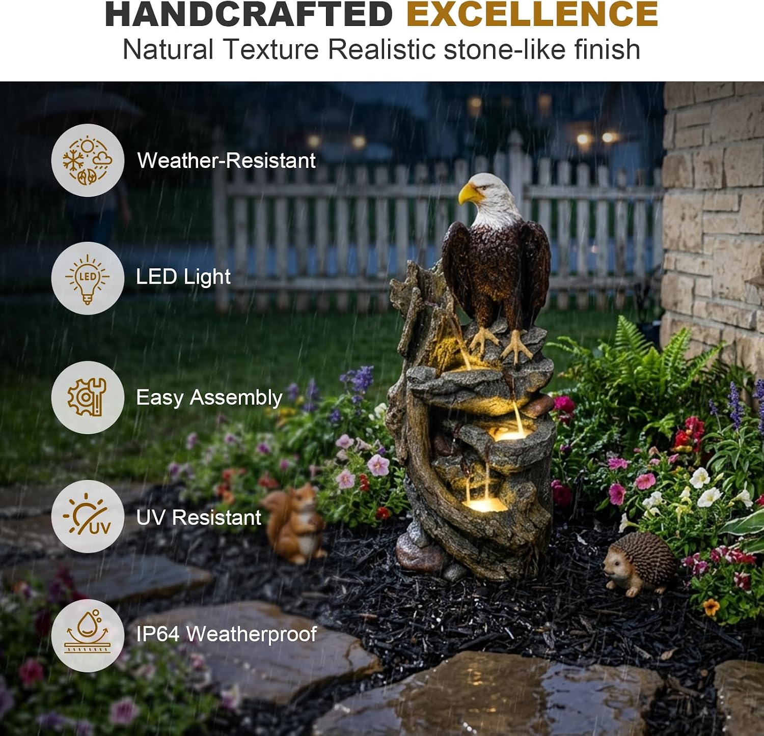 Bald Eagle Outdoor Fountain, 40.5' H Large Cascading Waterfall Garden Fountain with 3000K Warm LED Lights, Realistic Tree Trunk & Rock Water Feature for Garden, Patio, Porch, Yard and Home Art Decor