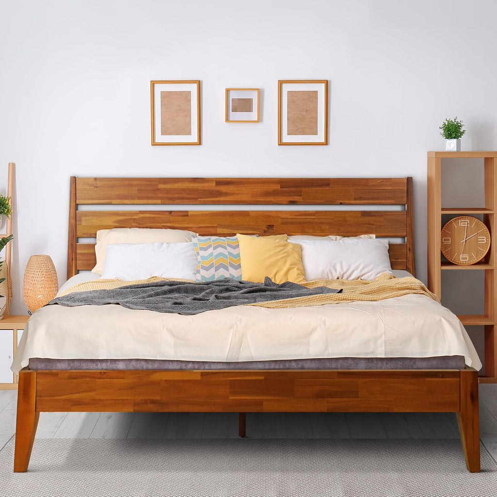 Acacia Emera Bed Frame with Headboard Solid Wood Platform Bed, Scandinavian Signature Wood Bed Compatible with All Mattress Types, Wood Slats Support, Queen Bed Frames, Caramel