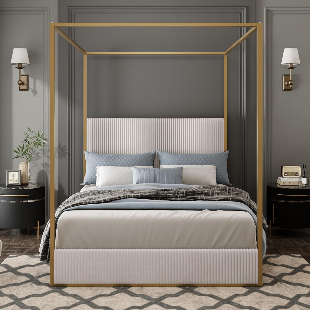 LUMISOL King Size Upholstered Canopy Bed Frame, 4 Poster Metal Canopy Bed with Tall Corduroy Headboard, Modern Canopy Platform Bed Frame, No Box Spring Needed, Gold Beige