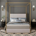 LUMISOL King Size Upholstered Canopy Bed Frame, 4 Poster Metal Canopy Bed with Tall Corduroy Headboard, Modern Canopy Platform Bed Frame, No Box Spring Needed, Gold Beige