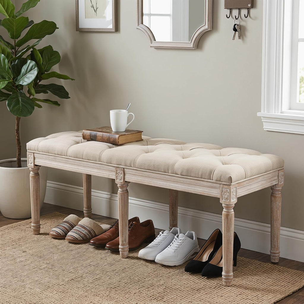 Tufted Dining Bench French Vintage Fabric Upholstered Wood Dining Room Bench Rustic Entryway Bench Bedroom End Bed Bench, Beige 45' Long