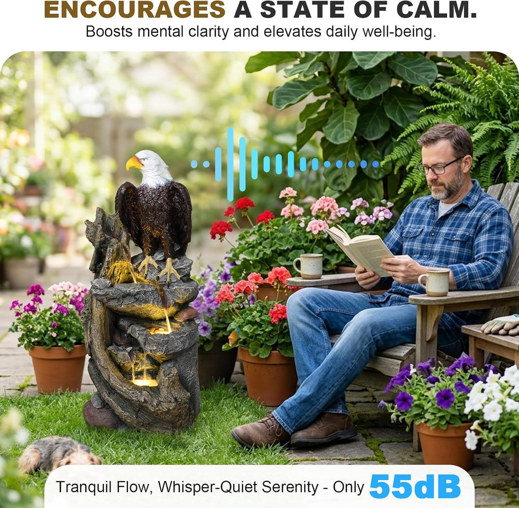 Bald Eagle Outdoor Fountain, 40.5' H Large Cascading Waterfall Garden Fountain with 3000K Warm LED Lights, Realistic Tree Trunk & Rock Water Feature for Garden, Patio, Porch, Yard and Home Art Decor