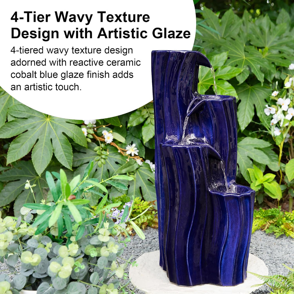 Glitzhome 30' Tall Outdoor Water Fountain with LED Light, Pump & Adapter, 4-Tier Cobalt Blue Wavy Texture Ceramic Cascading Garden Fountains Waterfalls for Porch Deck Patio Backyard