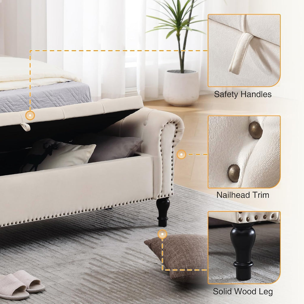 Storage Bed Bench for Bedroom, Velvet 67' End of Bed Benches, King Size Bench with Armrest, Tufted Button Upholstered Ottoman Bench for Living Room, Entryway, Cream Beige