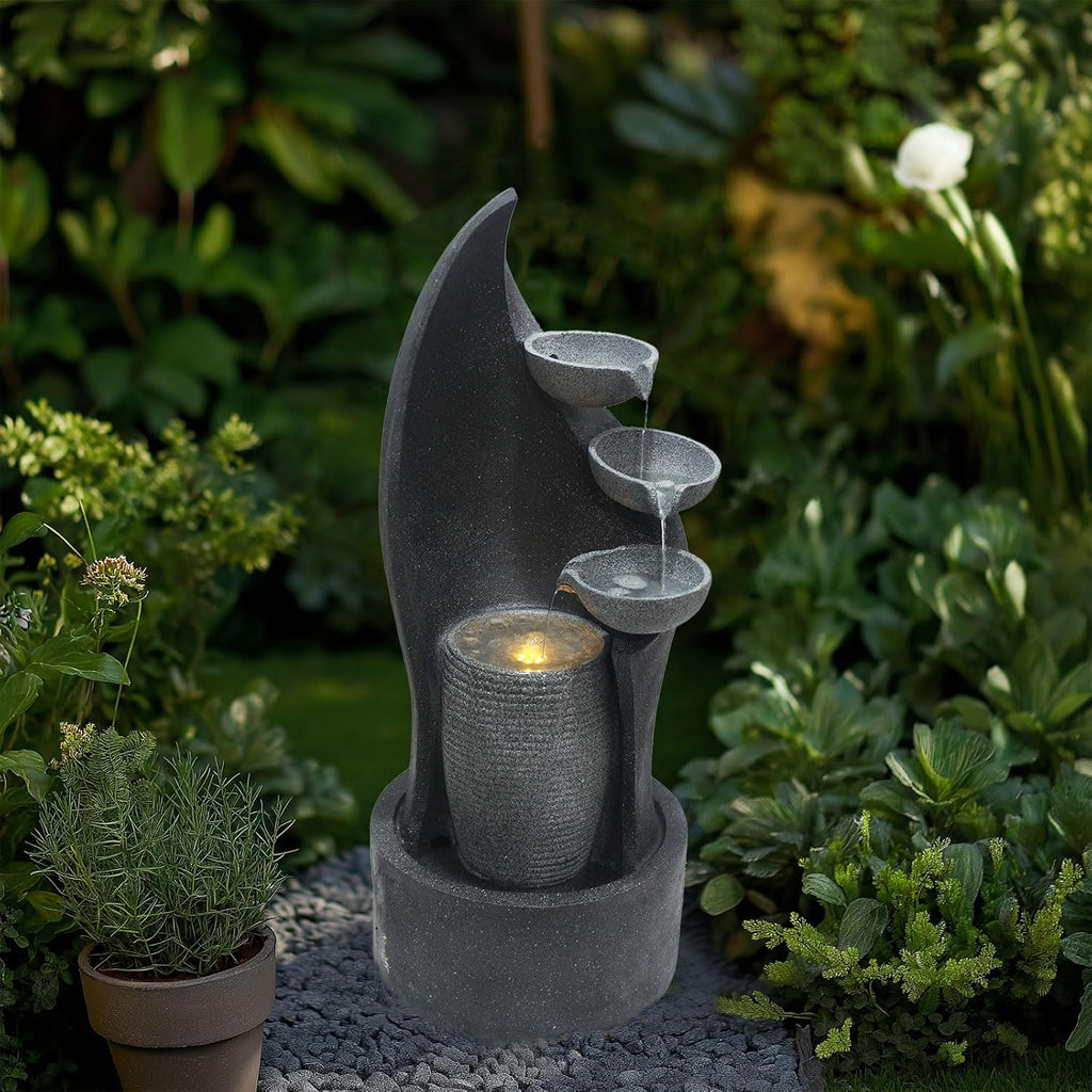G-LEAF Cascading Bowl Water Fountain with LED Lights Outdoor 35'' H Waterfall Fountain 3-Tier Indoor Floor Standing for Garden, Living Room, Patio, Home Decor