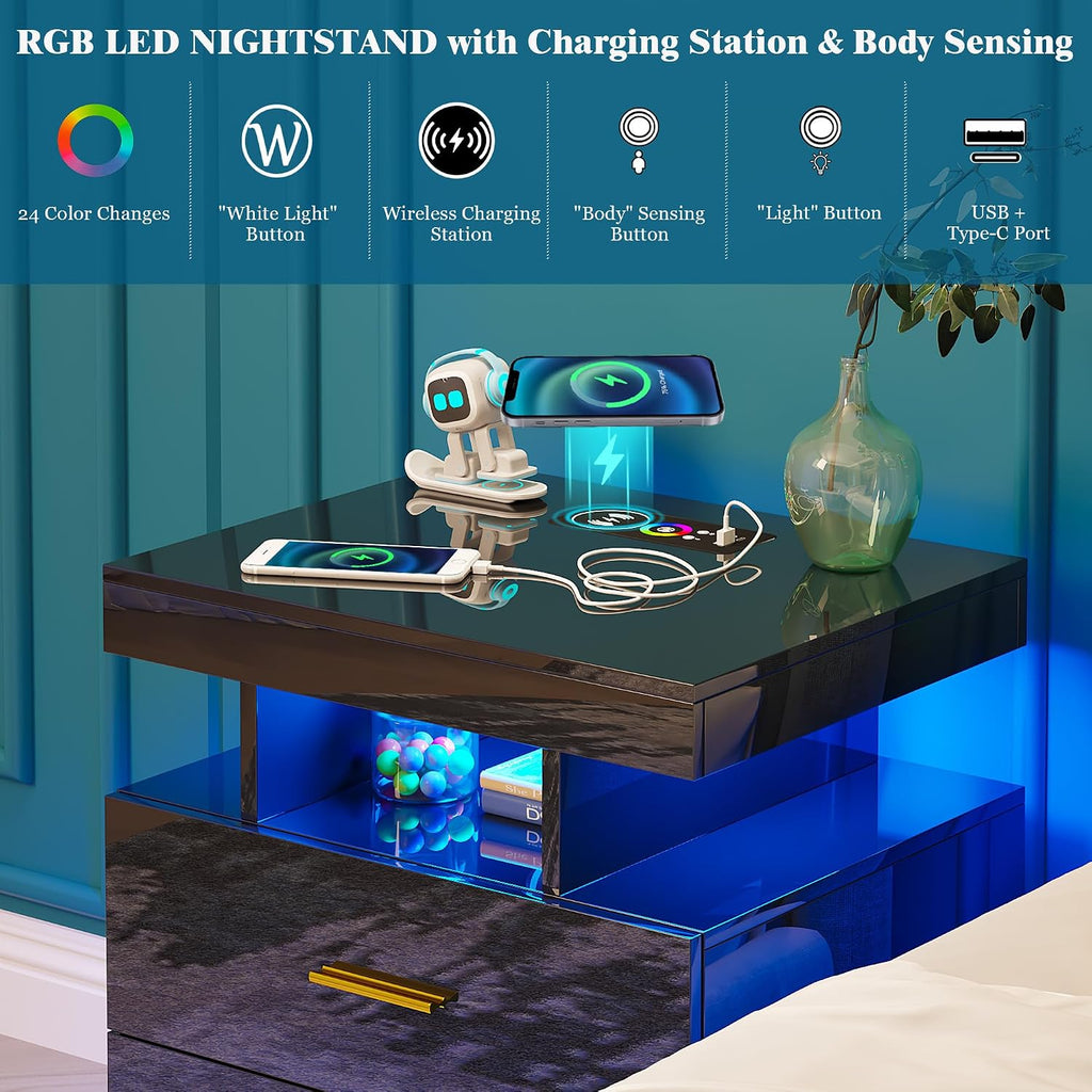 WOOVIVS Night Stand Set 2 with USB/Type-C/Wireless Charging Station, Blakc Nightstands with RGB Auto LED Lights, Modern Bedside Table Set of 2 with 2 Drawers for Bedroom Furniture