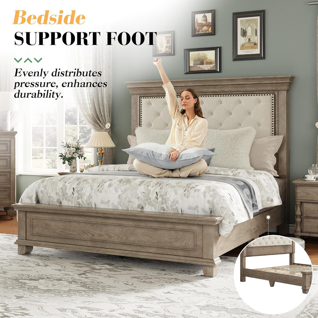 LUXOAK Solid Pine Wood Queen Bed Frame with 69' High Upholstered Headboard, Transitional Style Platform Bed, No Box Spring Needed & Easy Assembly, Button-Tufted Chenille Fabric, Antique Taupe