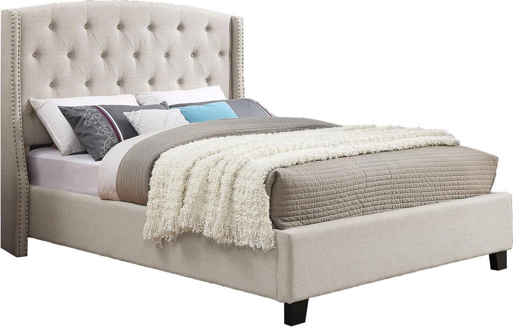 Roundhill Furniture Astral 3-Piece Upholstered Bedroom Set, Tufted Wingback Bed with Two White Nightstands, Queen