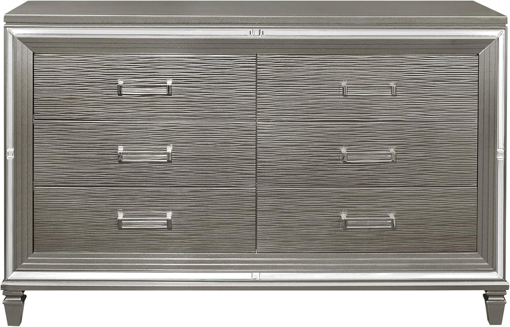 Silver Gray Metallic Finish 5pc Bedroom Furniture Set Tufted California King Size Platform Bed LED Light Upholstered Headboard