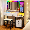 Lvifur RGB Vanity Desk - with Mirror and Lights,7 Dynamic & 24 Static Dimmable Vanity Table Set with Charging Station,Human Sensor LED Vanities w/Glass Top,6 Drawers,Stool,White