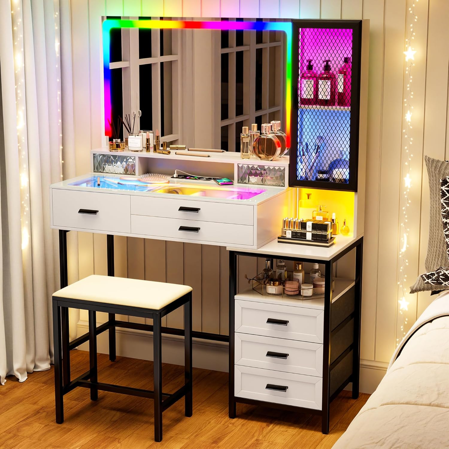 Lvifur RGB Vanity Desk - with Mirror and Lights,7 Dynamic & 24 Static Dimmable Vanity Table Set with Charging Station,Human Sensor LED Vanities w/Glass Top,6 Drawers,Stool,White