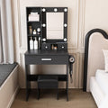 Runboll Small Vanity Desk with Mirror and Lights, Compact Makeup Vanity with Power Strip & Hairdryer Holder, Dressing Table Set with Stool, Drawers & Shelves