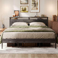 LIKIMIO King Bed Frame with Headboard, Dark Wood Camas King with Strong Supports, Sturdy, Noise-Free, No Box Spring Needed, Grey