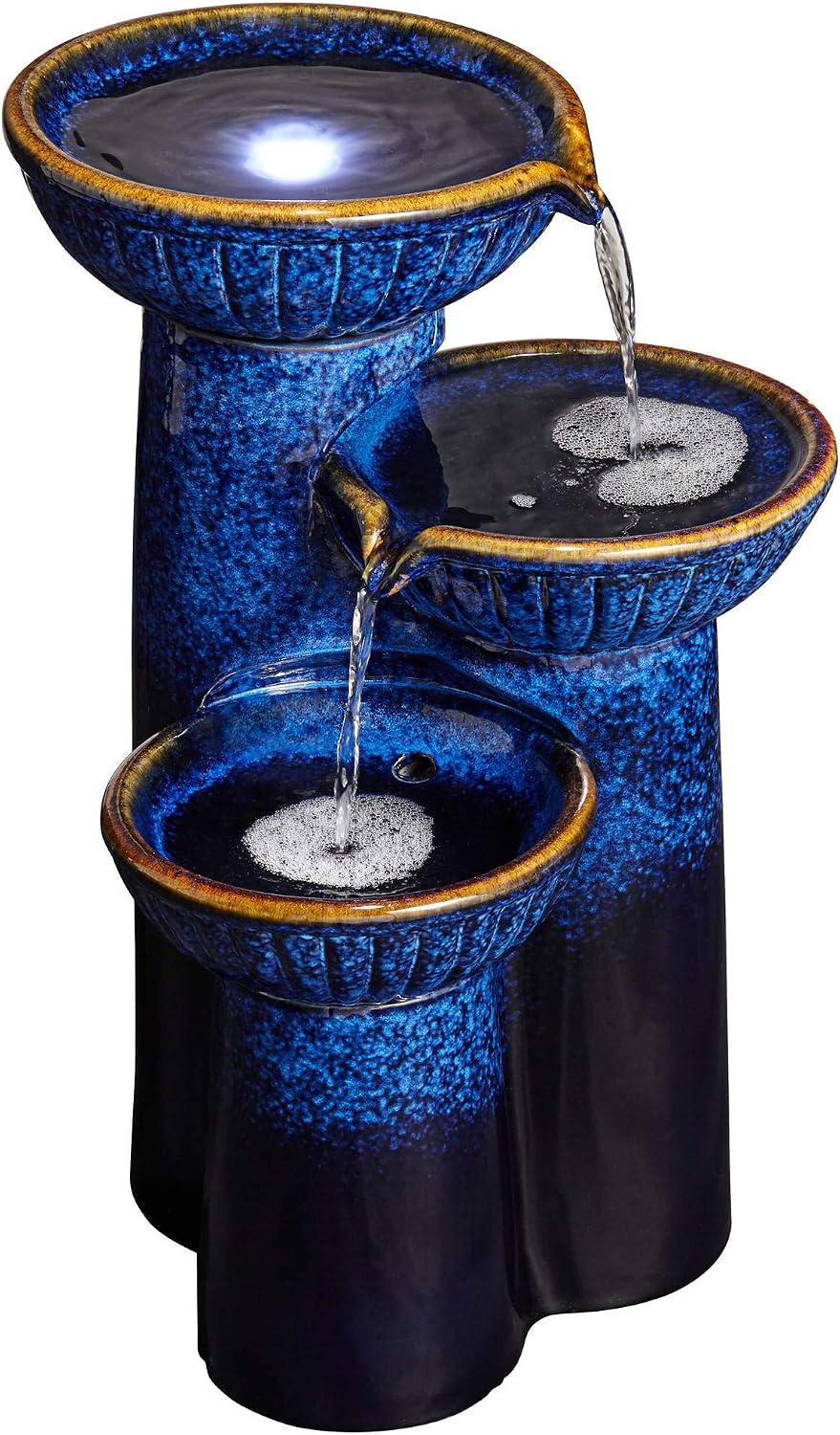 3-Bowl 26 3/4' High Large Modern Outdoor Decor Blue Cobalt Ceramic Floor Fountain with Light LED Standing Waterfall Tiered Water Feature for Outside Garden Patio Yard Backyard - John Timberland