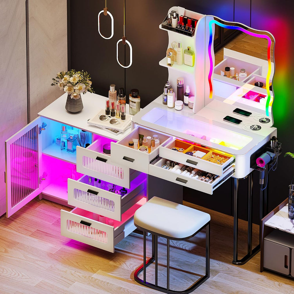 Lvifur RGB Makeup Vanity Desk with Lights, Glass Top Vanity Table with 24 Color Dimmable Lights, Large Vanity Set with 8 Drawers, Dressing Table with Cushioned Stool, Gift for Girls