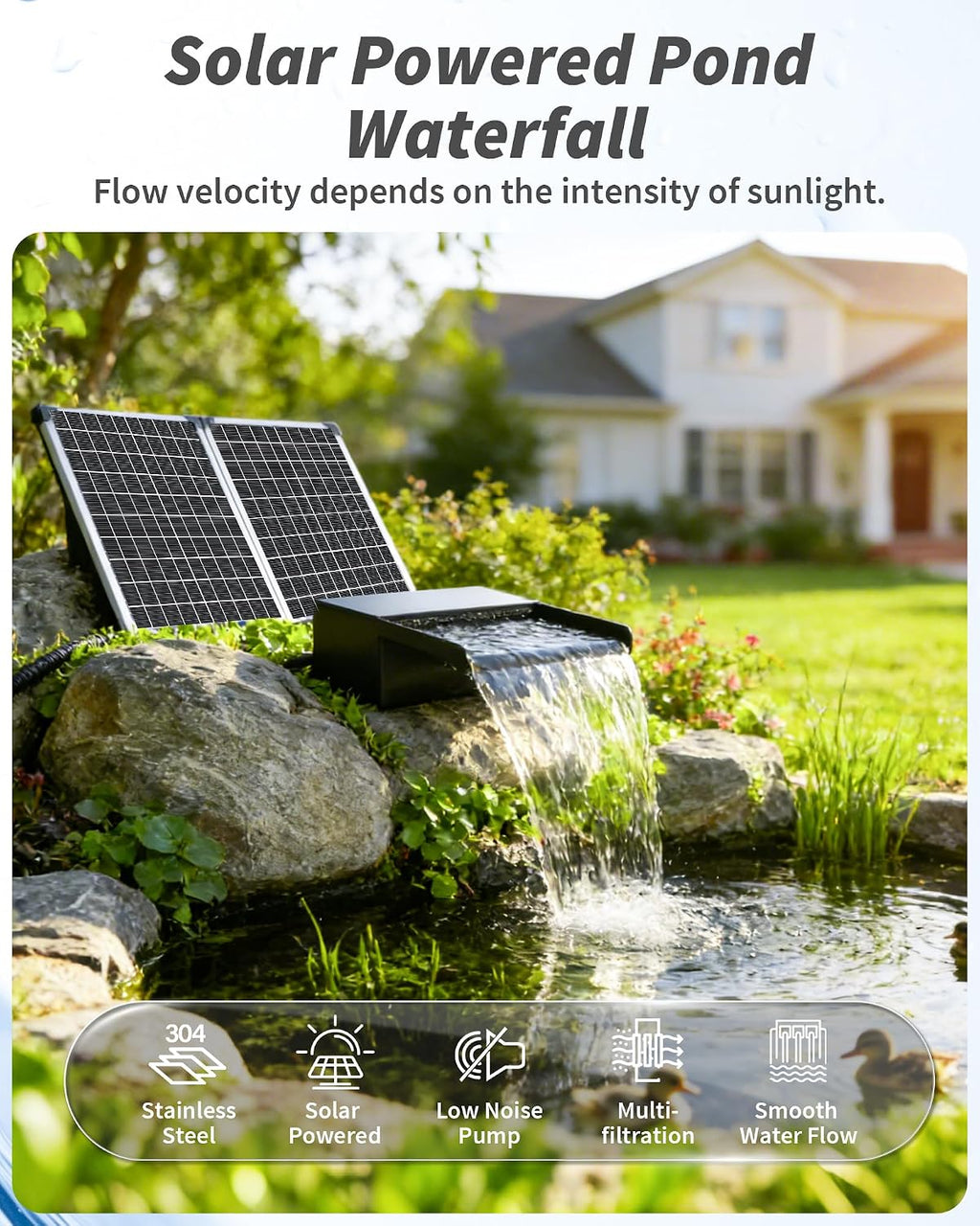 POPOSOAP 55W Solar Pond Waterfall Spillway with Fountain Pump, 304 Stainless Steel Pond Spillway & Filtration System with 9.8FT Tubing for Garden Ponds Landscape Water Features-P5552Y