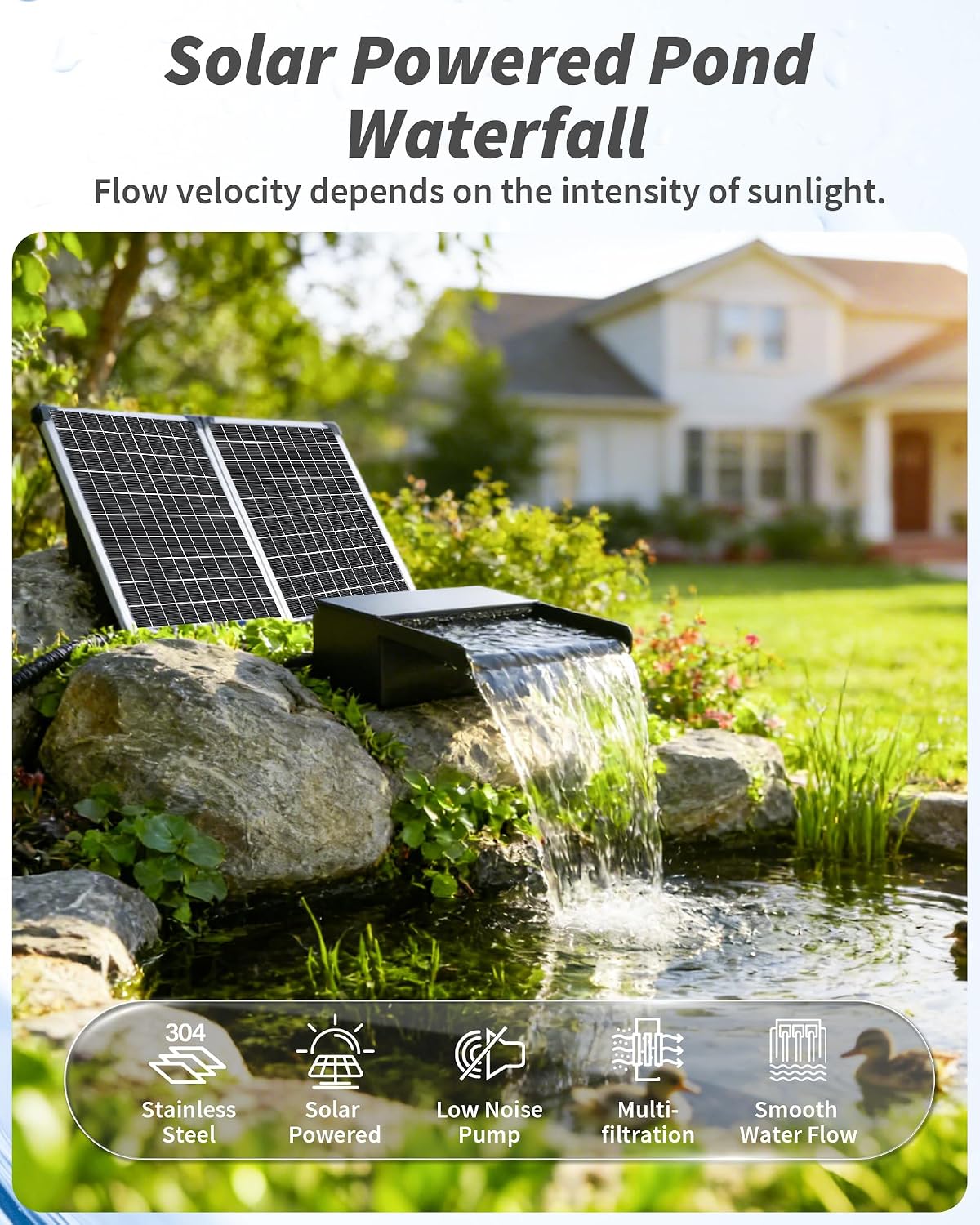 POPOSOAP 55W Solar Pond Waterfall Spillway with Fountain Pump, 304 Stainless Steel Pond Spillway & Filtration System with 9.8FT Tubing for Garden Ponds Landscape Water Features-P5552Y