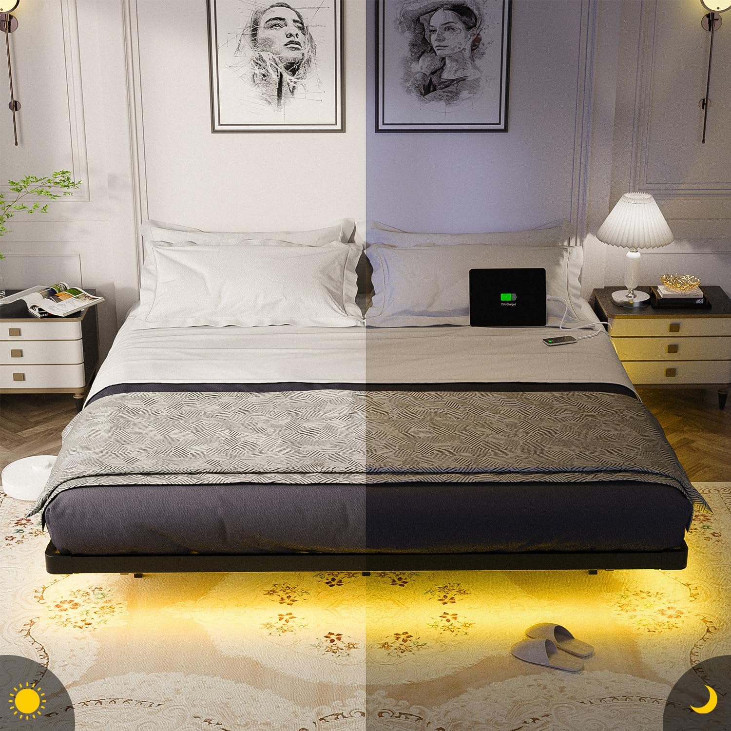 Floating Bed Frame King Size with LED Lights and Charging Station, King Metal Platform Bed Frame, No Box Spring Needed, Easy Assembly (King)