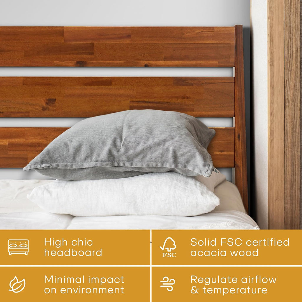 Acacia Emery Bed Frame with Headboard 100% Solid Wood Platform Bed, Mid Century Modern Wood Bed Compatible with All Mattresses, Non-Slip and Noise-Free, 30 Mins Assembly, King Size Bed Frame, Caramel