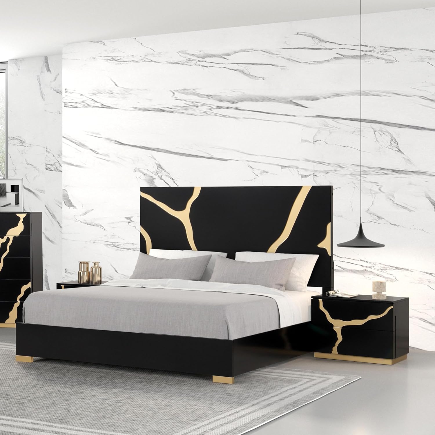 Furniture of America Quanta Modern Wood 3-Piece Bedroom Set with Gold Accented Headboard, Felt-Lined Top Drawer, Ball-Bearing Glides, Dovetails Joint, No Box Spring Needed, King, Black
