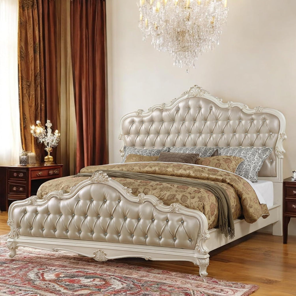 Acme Chantelle Eastern King Tufted Faux Leather Bed in Rose Gold and Pearl White