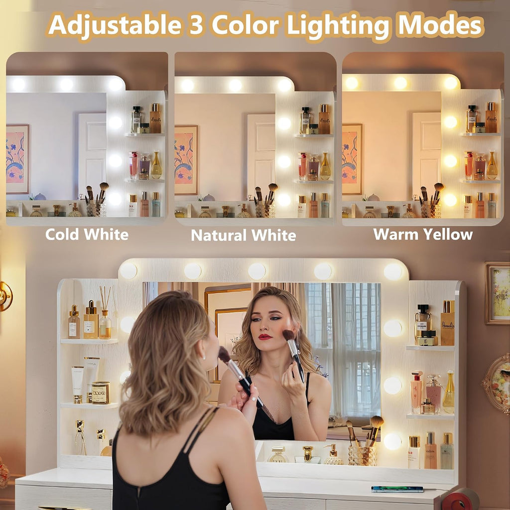 Large Vanity Desk with Mirror and Lights, 50' Wide Makeup Vanity Table, 3 Lighting Modes, Built-in Power Outlet, 5 Drawers & 2 Cabinets, Spacious 23.6' Legroom, Milky White