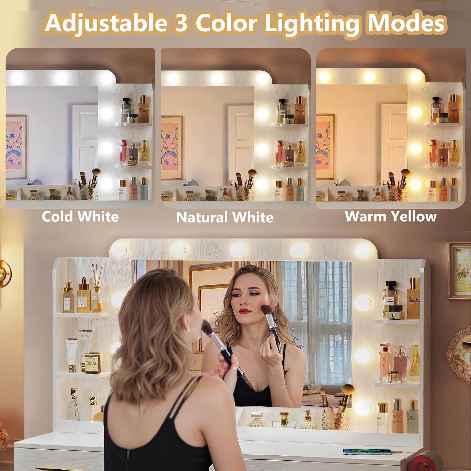 Large Vanity Desk with Mirror and Lights, 50' Wide Makeup Vanity Table, 3 Lighting Modes, Built-in Power Outlet, 5 Drawers & 2 Cabinets, Spacious 23.6' Legroom, Milky White
