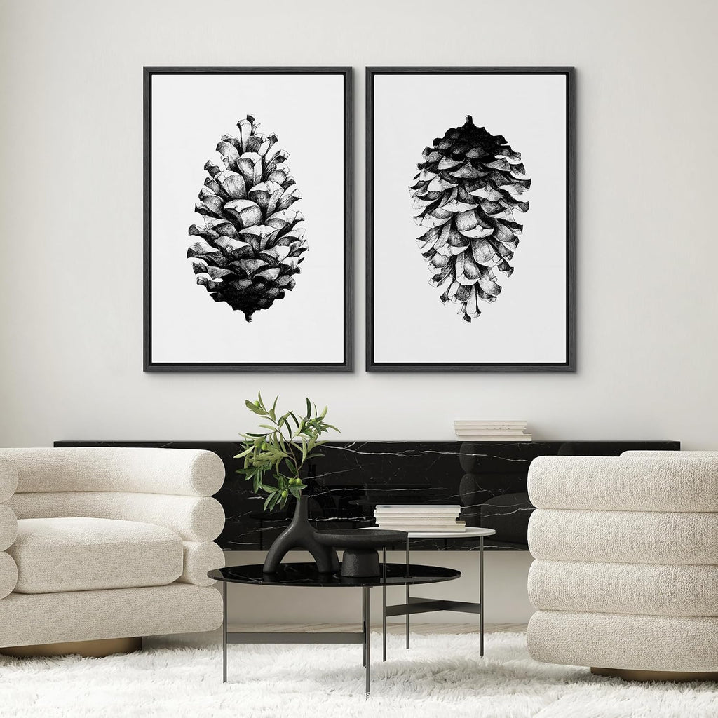 SIGNWIN Framed Canvas Print Wall Art Set Black & White Forest Woodland Pinecone Nature Wilderness Illustrations Modern Art Relax/Calm for Living Room, Bedroom, Office - 24'x36'x2 Black