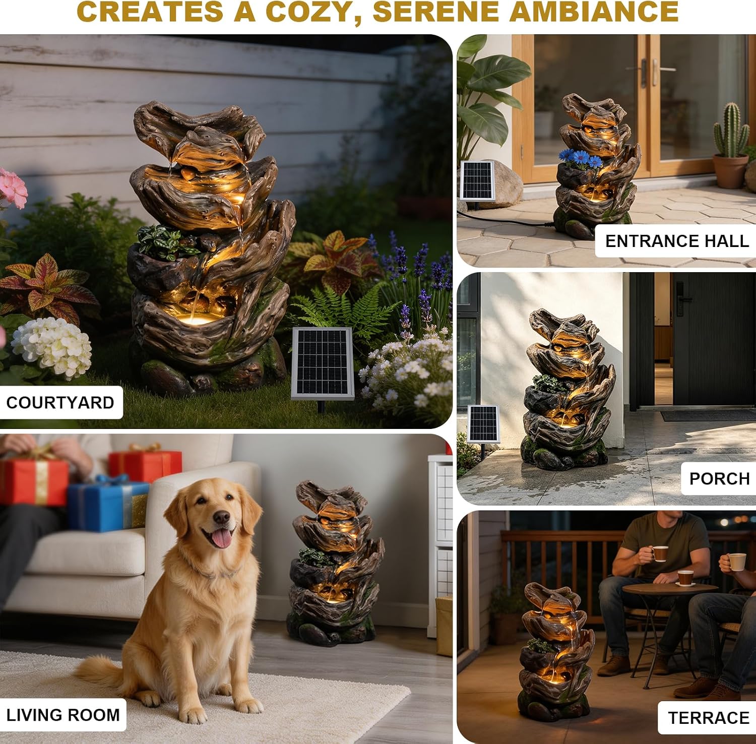 Solar Water Fountain Outdoor, 27' H 4-Tier Realistic Tree Trunk Cascading Waterfall with 4000mAh Battery Backup & 3000K LED Lights, IP64 Weatherproof Resin Fountain for Garden, Patio, Deck Decor