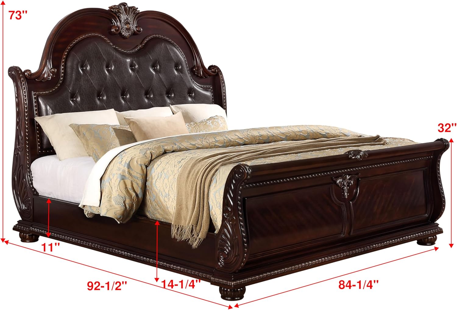 Generic Traditional Formal Classic 5pc Set King Size Faux Leather Upholstery Panel Bed Cherry Finish Marble Top Storage Pieces Solid Wood Furniture, Brown, HSB1600-K5pc