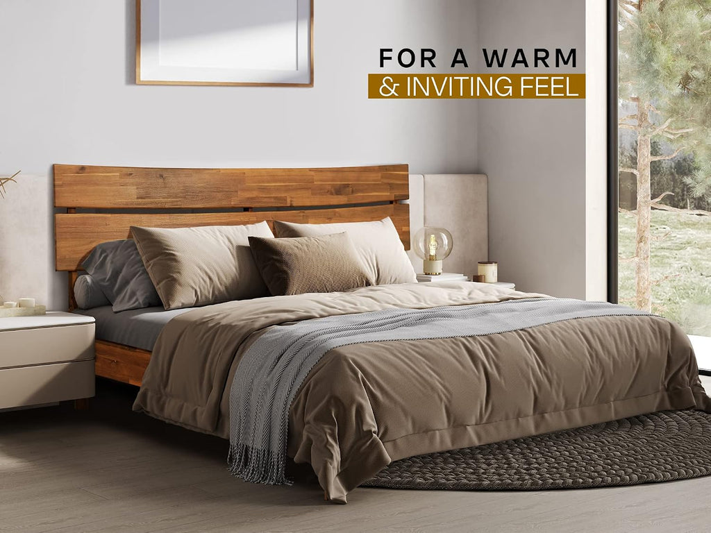 Acacia Aurora Bed Frame with Headboard 100% Solid Wood Platform Bed, Scandinavian Bed Style with All Mattresses, Non-Slip and Noise-Free, 30 Mins Assembly, Queen Size Bed Frame Caramel