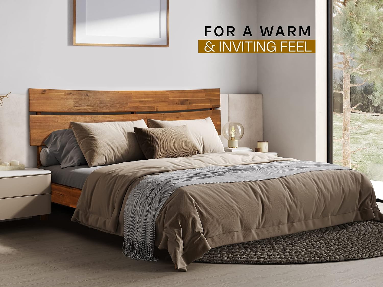 Acacia Aurora Bed Frame with Headboard 100% Solid Wood Platform Bed, Scandinavian Bed Style with All Mattresses, Non-Slip and Noise-Free, 30 Mins Assembly, Queen Size Bed Frame Caramel