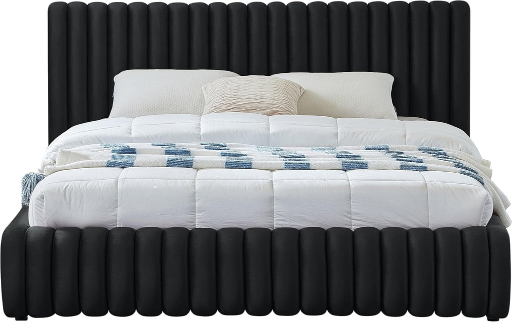 Meridian Furniture NicoBlack-Q Nico Collection Modern | Contemporary Velvet Upholstered Queen Bed with Rich Black Velvet and Deep Channel Tufting, 74' W x 91' D x 38' H, Black, Queen