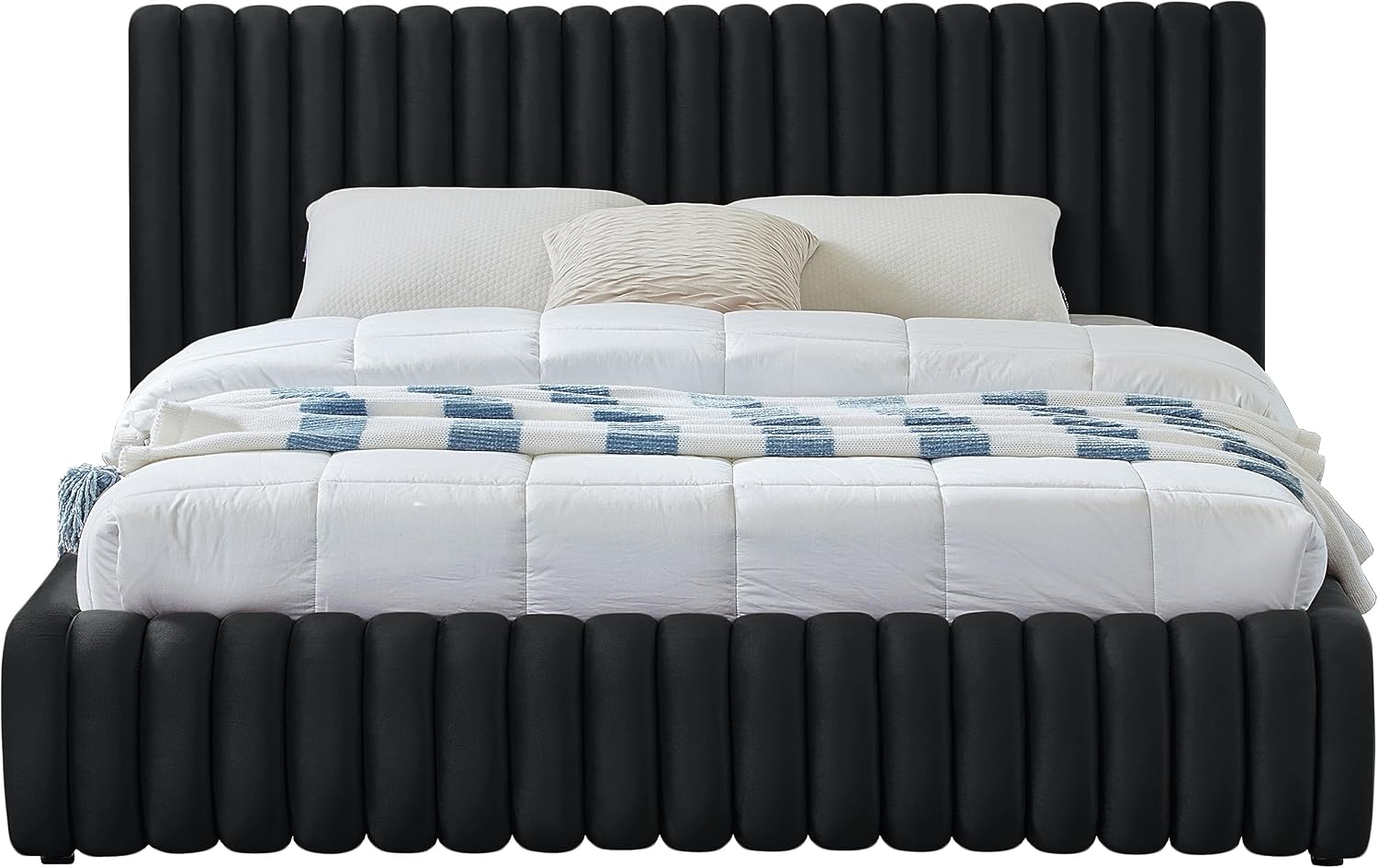 Meridian Furniture NicoBlack-Q Nico Collection Modern | Contemporary Velvet Upholstered Queen Bed with Rich Black Velvet and Deep Channel Tufting, 74' W x 91' D x 38' H, Black, Queen