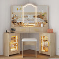 Hexagonal Corner Vanity Desk with Lighted Arched Mirror, Oak Makeup Table Set with Charging Station, 2 Fluted Drawers, Cabinets & Stool, Flat Wall or Corner Placement (Natural Wood)