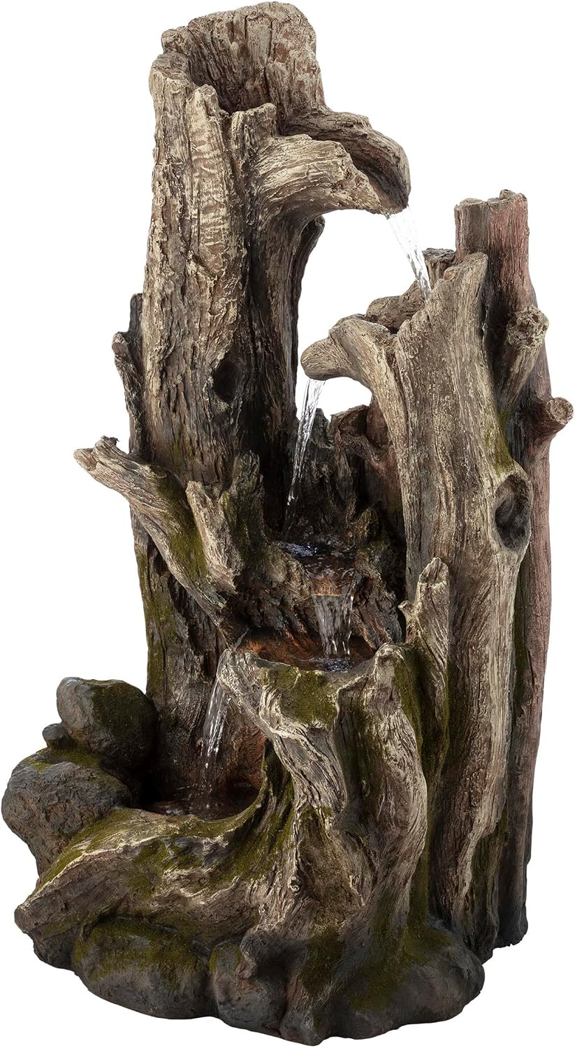 Alpine Corporation 40' Tall 4-Tier Rainforest Tree Trunk Waterfall Fountain with LED Lights, Outdoor Garden, Patio, Yard, and Porch Water Feature Decor