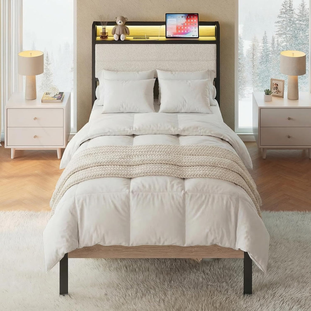 LIKIMIO Twin XL Bed Frame with Storage Headboard and LED Lights, Metal Platform Bed with Charging Station, Noise Free, No Box Spring Needed, Under Bed Storage, Natural and Cream