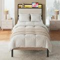 LIKIMIO Twin XL Bed Frame with Storage Headboard and LED Lights, Metal Platform Bed with Charging Station, Noise Free, No Box Spring Needed, Under Bed Storage, Natural and Cream